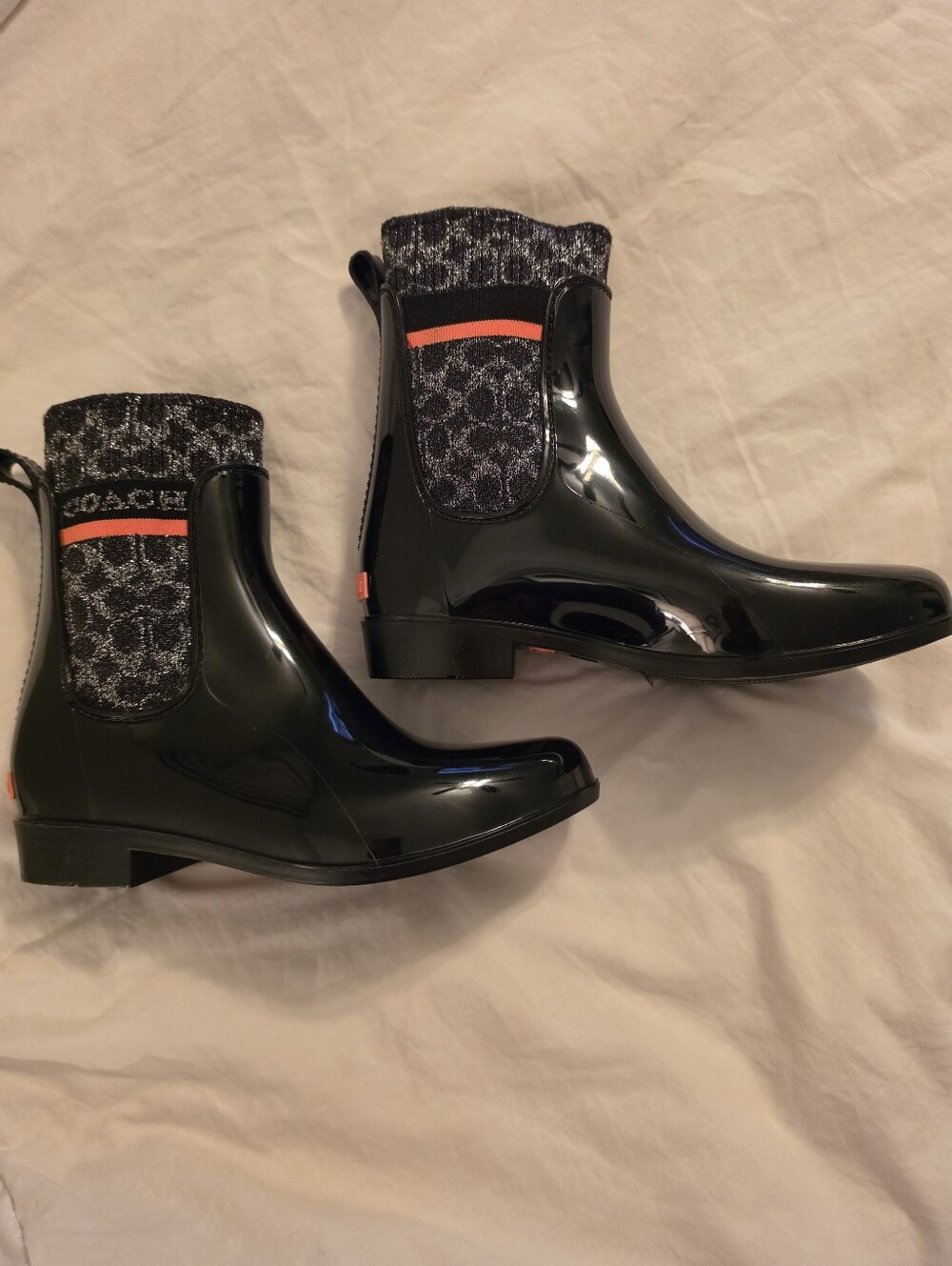 Coach Riverton Women's Black Gloss Rain Ankle Boots with Knit Panel